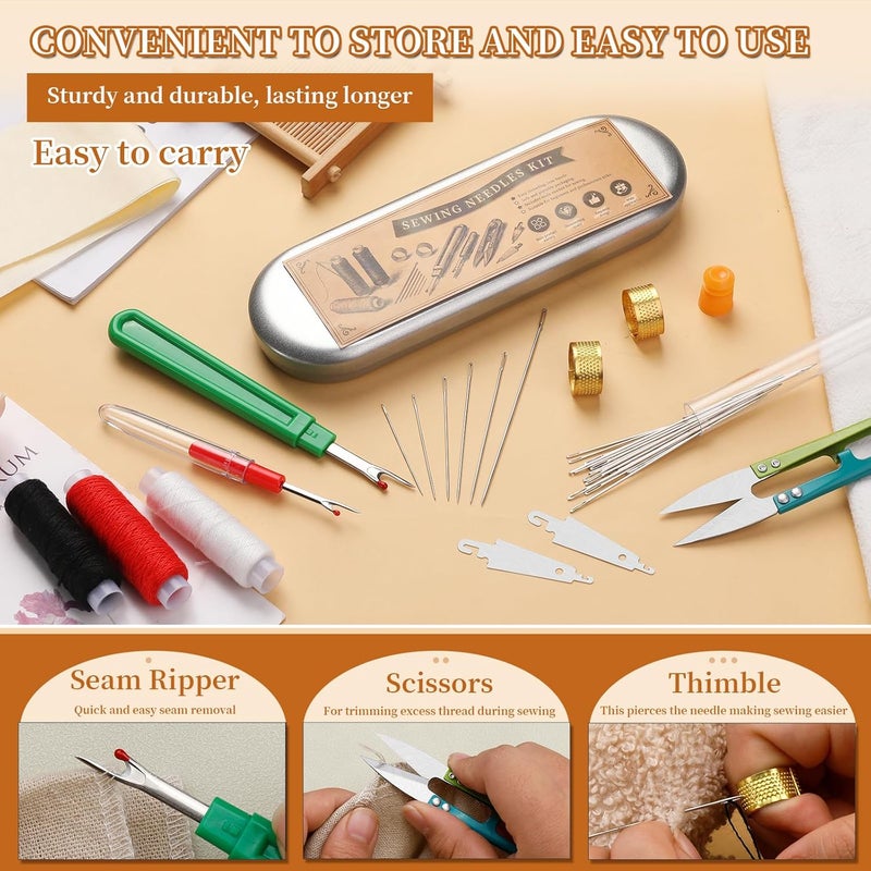 FOUSNOW 42 PCS Big Eye Steel Sewing Needles Kit, 6 Size Steel Needles for Hand Sewing, Needle and Thread Sewing Kit with Seam Ripper, Threader, Storage Box Supplies for Repairing Quilting Embroidery Crafts - Image 5